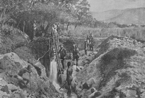 Alluvial washing at the South African gold-fields. Photogravure from a photograph by Caney. ""La