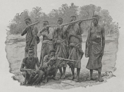 Mozambique. Wa-Yao hunters. Photogravure from photograph by the Universities' Mission to Central