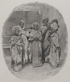 Marriage dresses of Lamu and musicians with siwas. Photogravure from a photograph by Sir John Kirk.