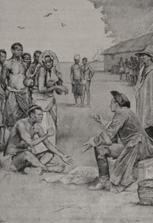 Bartering for slaves at a fort on the Guinea Coast. Photogravure. ""La conquista de Africa"" (The