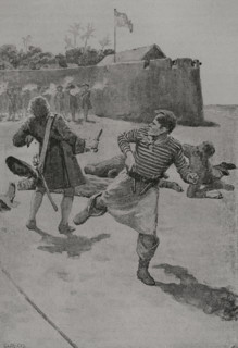 Howell Davis (c. 1690-1719). Welsh pirate. Trying his pretence of being a Royal Navy pirate hunter