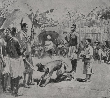 Africa. Reception by Kasongo, great chief of Urua. Photogravure by Andre & Sleigh from a sketch by