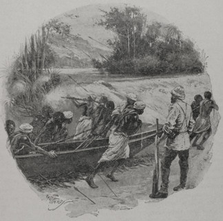 Africa. Stanley's expedition beset by cannibals at a cataract on the Congo. Drawing by Paul Hardy