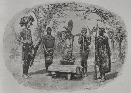 South Sudan, Africa. Makaraka warriors and musicians. Photogravure. ""La conquista de Africa"" (The