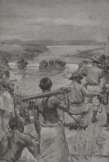 Speke and Grant at Ripon Falls, where te Nile flows out of Victoria Nyanza. Photogravure after an