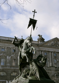Berlin, Germany. Statue of Saint George slaying the dragon. Bronze sculpture created between 1853