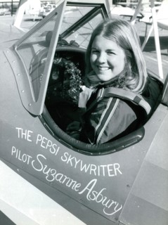 Pepsi Skywriter Susanne Asburyin her cockpit before taking off, circa 1980s