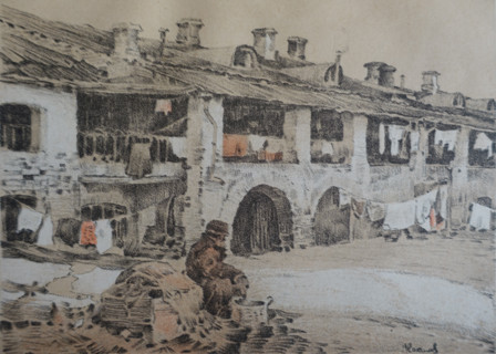 Bakhrushin Fortress. Bolotnaya Square.  Old Moscow. Lithography. Vladimir Sokolov (1872-1946). 1922.