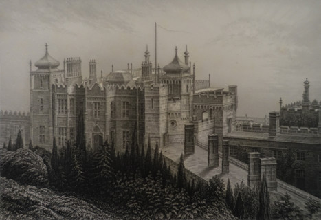 Vorontsov Palace in Alupka. Illustration from Album of all the best views of Crimea. Steel engraving. 1869.