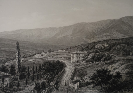 Autka. Greek village near Yalta. Illustration from Album of all the best views of Crimea. Steel engraving. 1869.