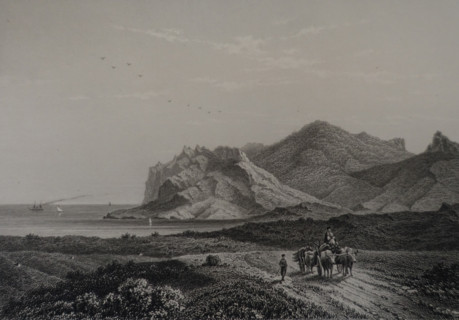 Koktebel mountains near Feodosia. Illustration from Album of all the best views of Crimea. Steel engraving. 1869.