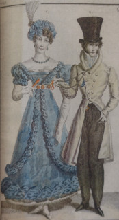 A Lady in Blue and a Gentleman. Illustration from the 'Ladies' Journal'. 1823.