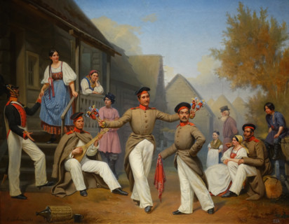 Preobrazhensky Soldiers Dancing to the Balalaika. 1851. By Adolph Jebens (1819-1888).