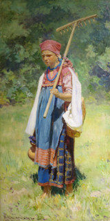 Kasatkin Nikolai Alexeyevich (1859-1930). Young peasant woman with a rake in the meadow. 1893.