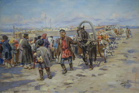 Makovsky Vladimir Egorovich (1846-1920). At the pier. 1917.  Mixed media.