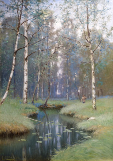 Volkov Efim Efimovich (1844-1920).  Morning on the river bank. Landscape with a hunter. 1898.