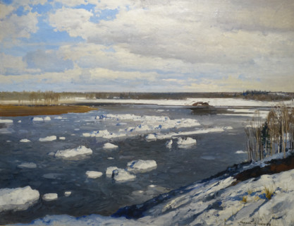 Shilder  Andrey Nikolayevich (1861-1919).  Spring. Ice drifting on the river. 1918. Oil on canvas.