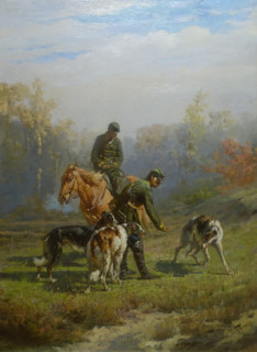 Frentz Rudolf Ferdinandovich (1831-1918).  Borzyatniki of the Imperial court hunt with dogs. (Hound hunt) 1890.