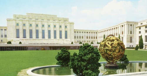 Switzerland, Geneva, UNO Palace and the armillary sphere offered by the Woodrow Wilson foundation,