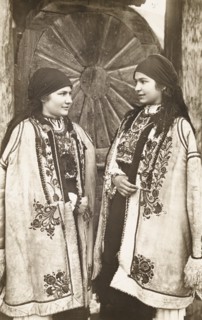 Two young girls in traditional Transylvanian costume, Romania