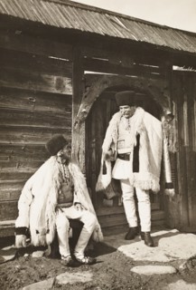 Two Romanian shepherds in traditional clothes in Transylvania
