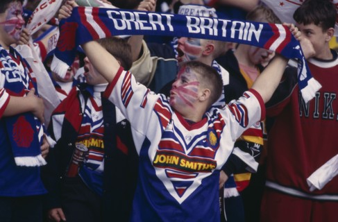 10000319 SPORT Supporters Rugby League Teenage fans holding Great Britain scarfs during the Great Britain v Australia game at Wembley Stadium.