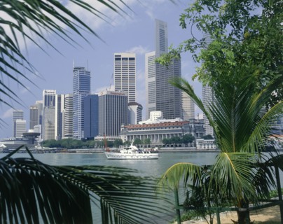 SINGAPORE, Singapore City, City skyscrapers and waterfront seen through palm leaves wth a white