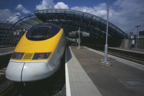 TRANSPORT, Rail, Channel Tunnel, "Eurostar Train at Waterloo Station platform, part view from front