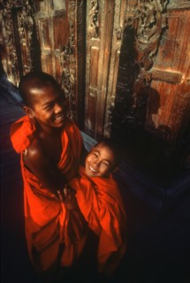 BURMA, Mandalay, View looking down on novice monks   Myanmar