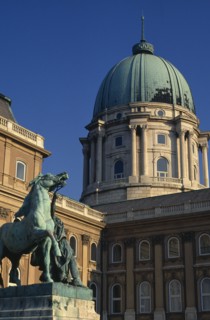 HUNGARY, Budapest, "The Royal Palace, part view of exterior and domed roof with statue of man