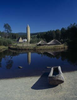 NORTHERN IRELAND, County Tyrone, Ulster History Park, View over Crannog and Round Tower reflected