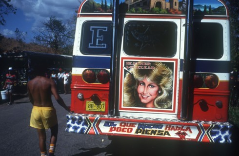 PANAMA, Via Espania, Transport, Customised Bus brightly painted with portrait on the back
