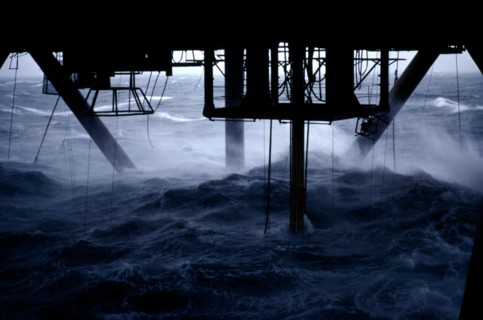FACTORY, Oil Rig, Drill entering the sea below a north sea oil rig