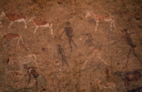 NAMIBIA, General, Bushman rock painting depicting men with spears and cattle