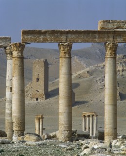SYRIA, Central, Tadmur, "Palmyra monumental Arch, ruins, view towards funerary towers of Yemliko "