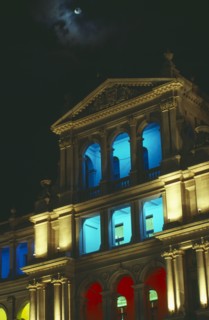 AUSTRALIA, Queensland, Brisbane, Treasury building facade with balconies lit in different colours