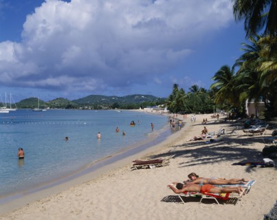 WEST INDIES, St Lucia, Reduit Beach, Sunbathers and swimmers on sandy beach lined with palm trees.