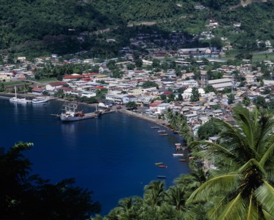 WEST INDIES, St Lucia, Soufriere, Elevated view over town and bay