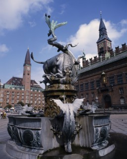 DENMARK, Zealand, Copenhagen, City Hall and Fountain with statue of bull slaying a serpent in the