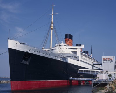 USA, California, Los Angeles, Queen Mary cruise liner moored as an hotel.