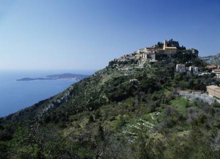 FRANCE, Alpes-Maratimes, Eze, Hilltop town with Cap Ferrat in the distance.