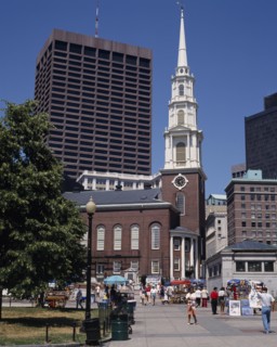 USA, Massachusetts, Boston, Park Street church with its white spire and modern building behind.