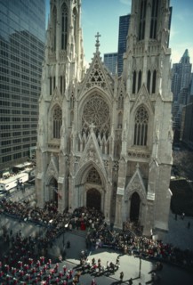 USA, New York , Manhattan, St Patricks Day parade passing by St Patrick’s Cathedral