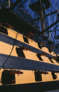 ENGLAND, Hampshire, Portsmouth, HMS Victory.  Part view of side of ship and openings from where