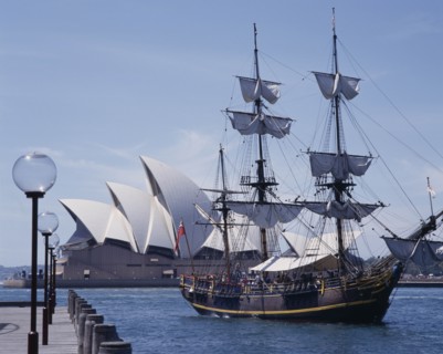 AUSTRALIA, New South Wales, Sydney, The Bounty harbour cruise ship arriving at The Rocks with the