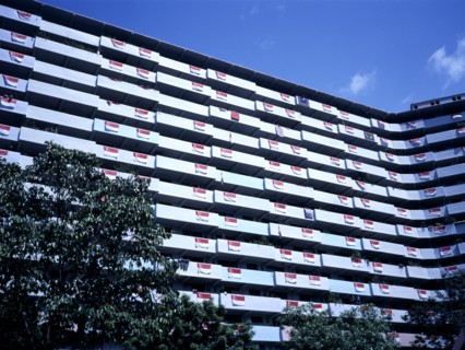 SINGAPORE, Architecture, New housing development of modern multi-storey flats with flag of