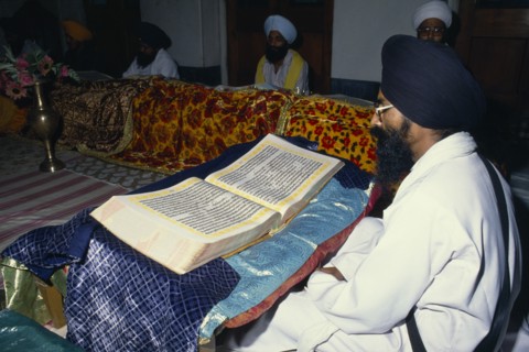 INDIA, Patna, Continuous reading of the Guru Granth Sahib Sikh holy book.