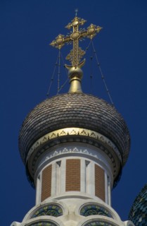 FRANCE, Cote d’Azur, Nice, "A cross on top of the dome of Saint Nicholas, Russian Church."