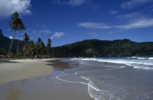WEST INDIES  , Trinidad, Maracas Bay , Sandy beach with couple lying in the surf and tree covered