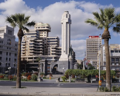 SPAIN, Canary Islands, Tenerife, Santa Cruz. Plaza de Espana and Civil War Monument of grey stone